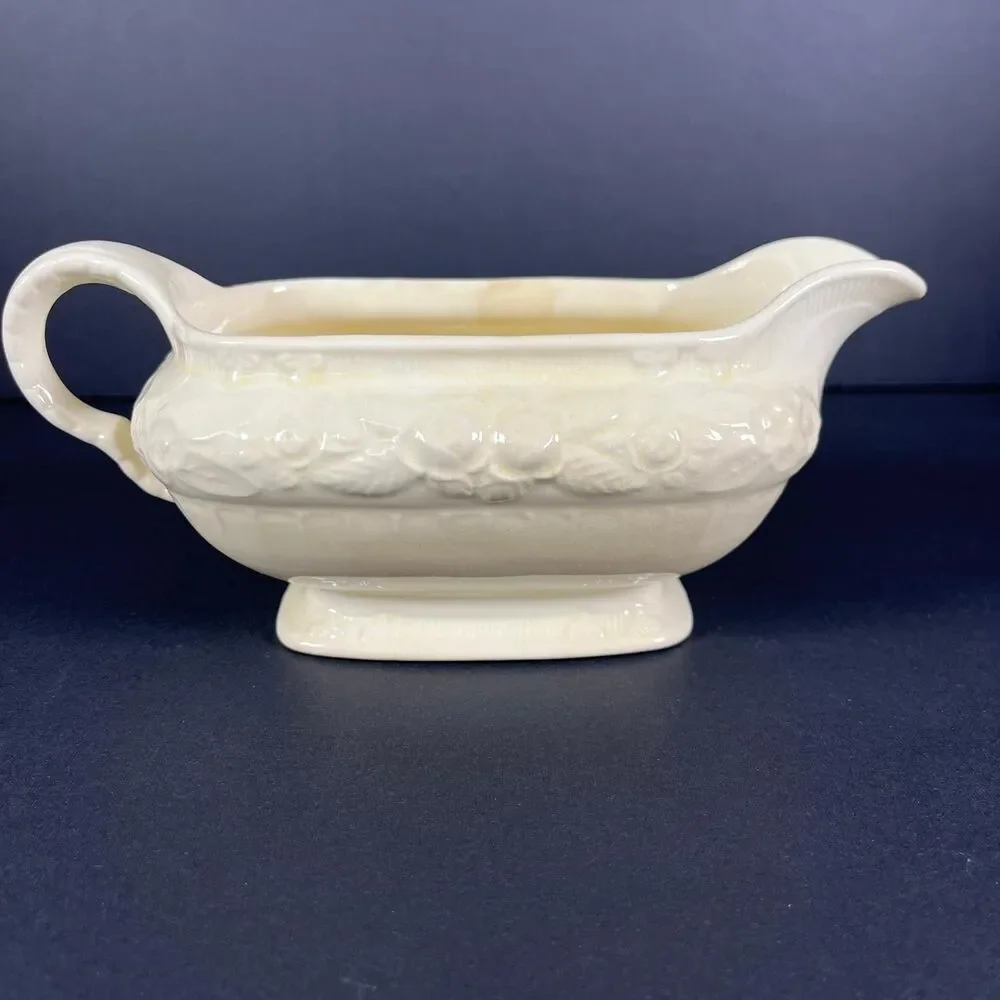 Vintage Homer Laughlin Cream Gravy Boat Floral Embossed Footed H40 N 8